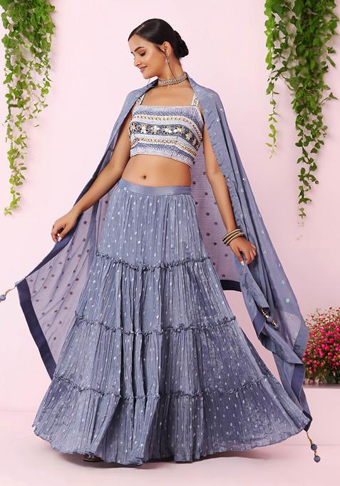 Grey Tiered Lehenga Set With Multicolour Sequin Embellished Blouse And Dupatta