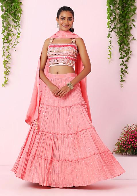 Pink Tiered Lehenga Set With Multicolour Sequin Embellished Blouse And Dupatta
