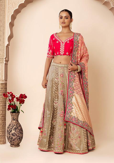 Grey Floral Embroidered Brocade Lehenga Set With Contrast Blouse And Dupatta