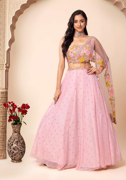 Pastel Pink Sequin Boota Embroidered Lehenga Set With Blouse And Attached Dupatta