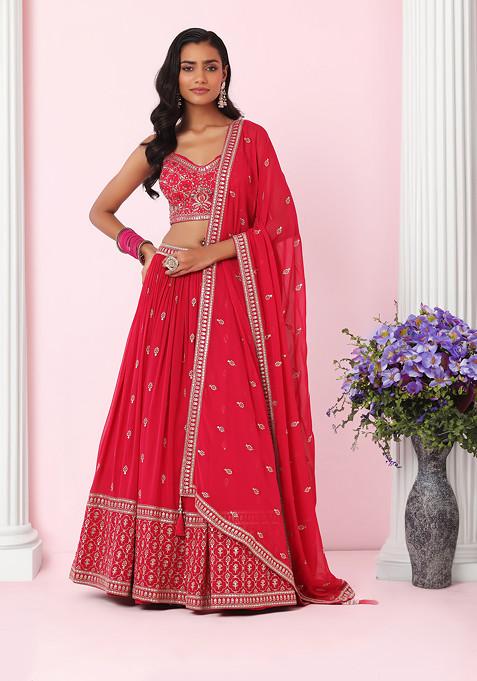 Hot Pink Floral Zari Embroidered Lehenga Set With Embroidered Blouse And Dupatta