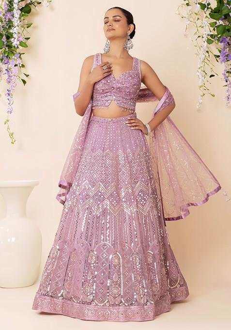 Mauve Geometric Sequin Embroidered Lehenga Set With Embroidered Blouse And Dupatta