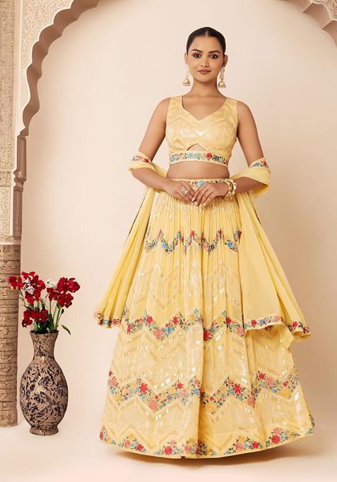 Pale Yellow Chevron Sequin Embroidered Lehenga Set With Embroidered Blouse And Dupatta