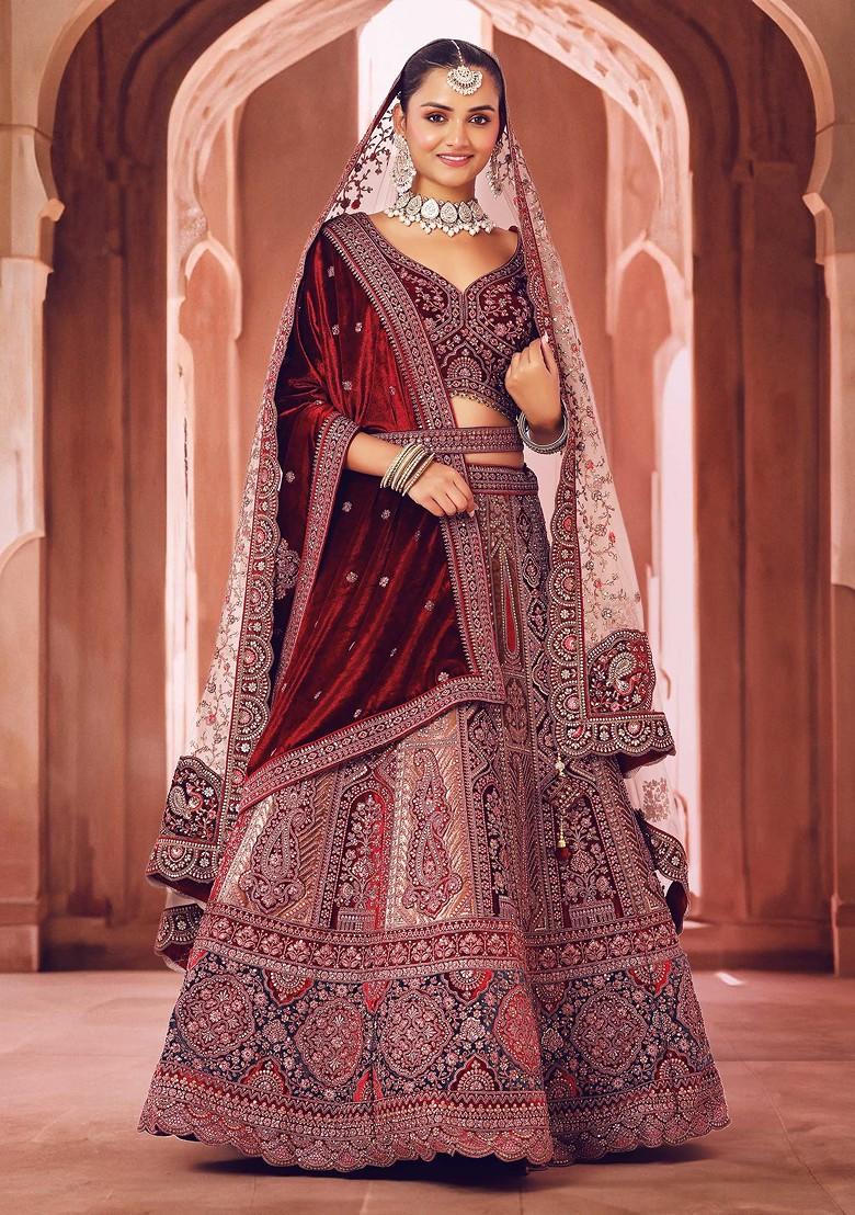 Buy Maroon Embroidered Taffeta Bridal Wear Lehenga Choli Online from  EthnicPlus for ₹5499