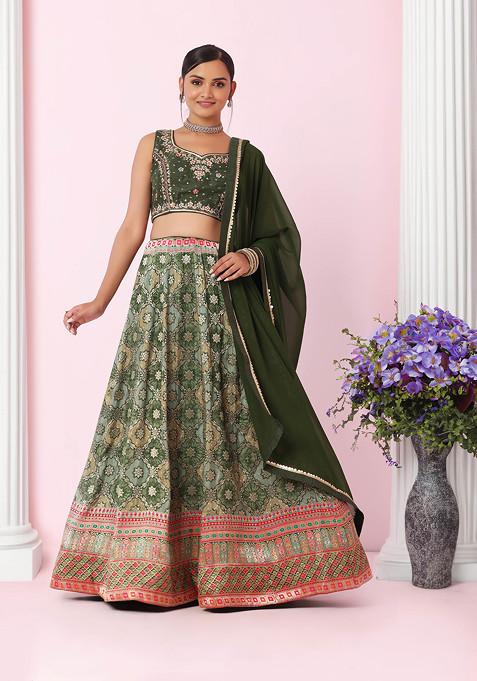 Green Brocade Lehenga Set With Hand Embroidered Blouse And Dupatta