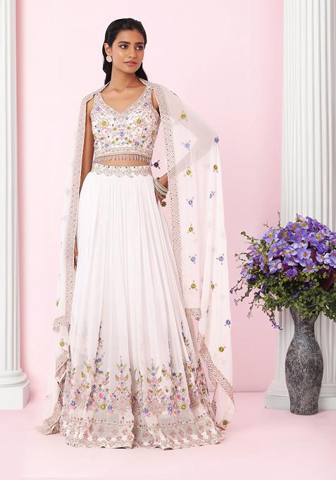 White Multicolour Floral Embroidered Lehenga Set With Blouse And Dupatta