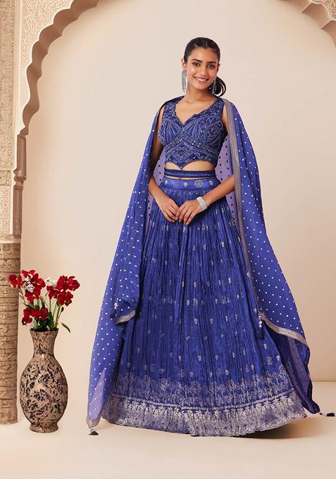 Blue Foil Print Lehenga And Embroidered Blouse Set With Dupatta And Belt