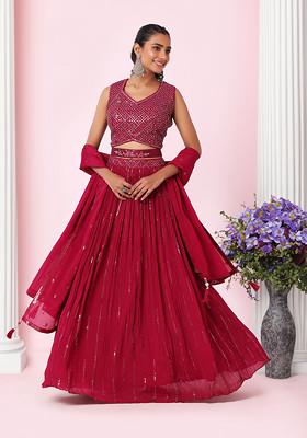 Wine Sequin Embroidered Lehenga And Blouse Set With Dupatta And Belt