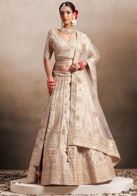 Ivory Zari Sequin Embroidered Bridal Lehenga And Blouse Set With Dupatta And Belt