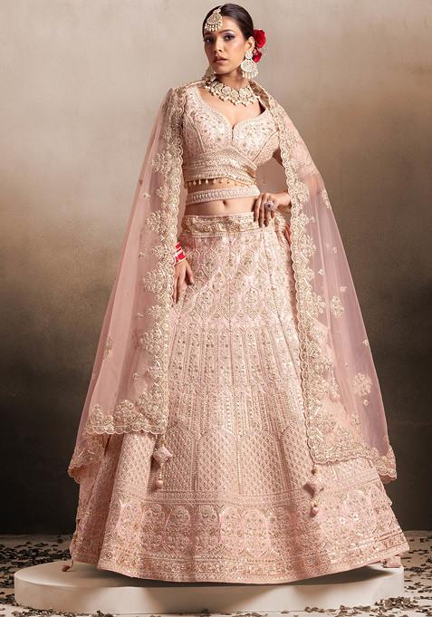 Light Pink Sequin Zari Embroidered Bridal Lehenga And Blouse Set With Dupatta And Belt