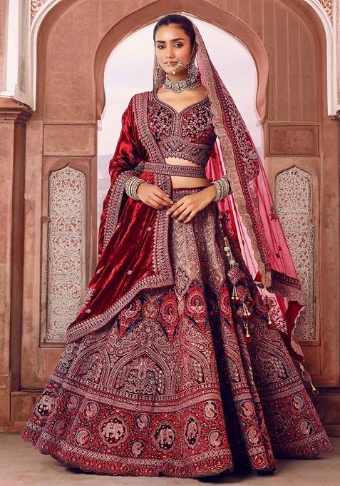 Maroon Abstract Sequin Embroidered Bridal Lehenga And Blouse Set With Dupattas And Belt