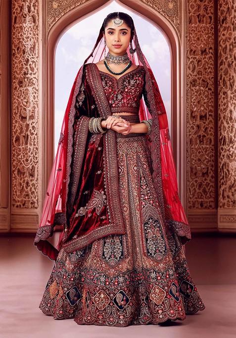 Maroon Thread Zari Embellished Bridal Lehenga And Blouse Set With Dupattas And Belt