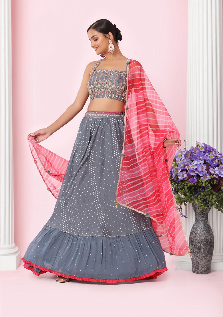 Grey readymade banaras lehenga,jacquard design with big silver zari border  skirt,floral vine dupatta & jacquard crop-top