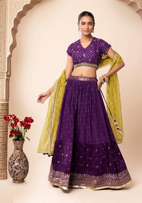 Purple Jacquard Lehenga Set With Mirror Embroidered Blouse And Contrast Dupatta