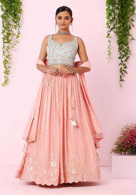 Pastel Pink Embroidered Lehenga And Contrast Blouse Set With Dupatta And Belt