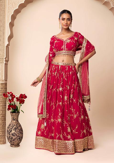 Red Zari Sequin Embroidered Lehenga Set With Blouse And Dupatta