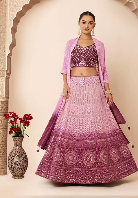 Purple Thread Embroidered Ombre Lehenga Set With Embroidered Blouse And Dupatta