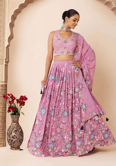 Lavender Floral Thread Embroidered Lehenga Set With Embroidered Blouse And Dupatta