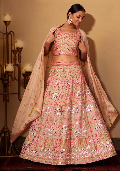 Blush Multicolour Floral Embroidered Lehenga Set With Embroidered Blouse And Dupatta