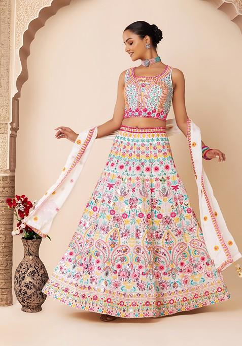 Ivory Multicolour Floral Embroidered Lehenga Set With Embroidered Blouse And Dupatta