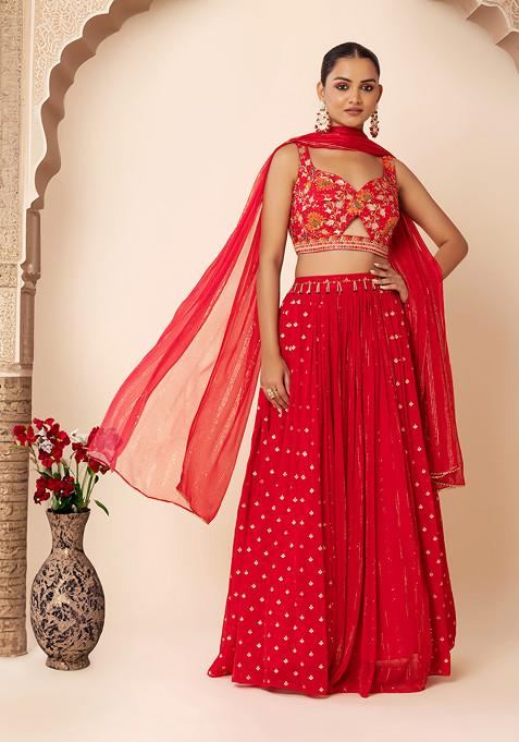 Rani Pink Sequin Boota Embroidered Lehenga Set With Embroidered Blouse And Dupatta
