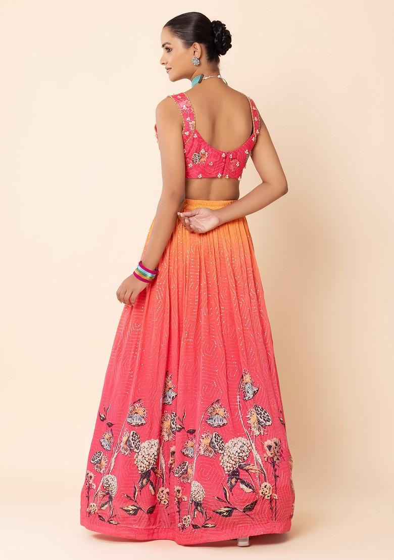 Front-Open Floral Printed Top And Lehenga With Matching Dupatta