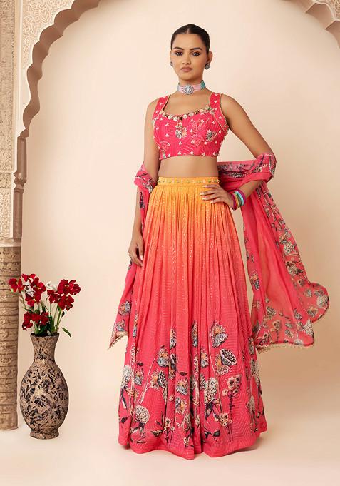 Pink Floral Lehenga Set With Embroidered Blouse And Dupatta