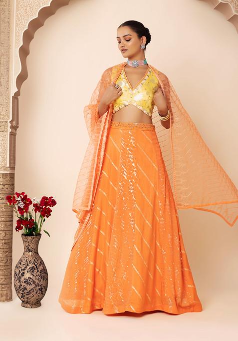 Peach Printed Lehenga Set With Contrast Embroidered Blouse And Dupatta