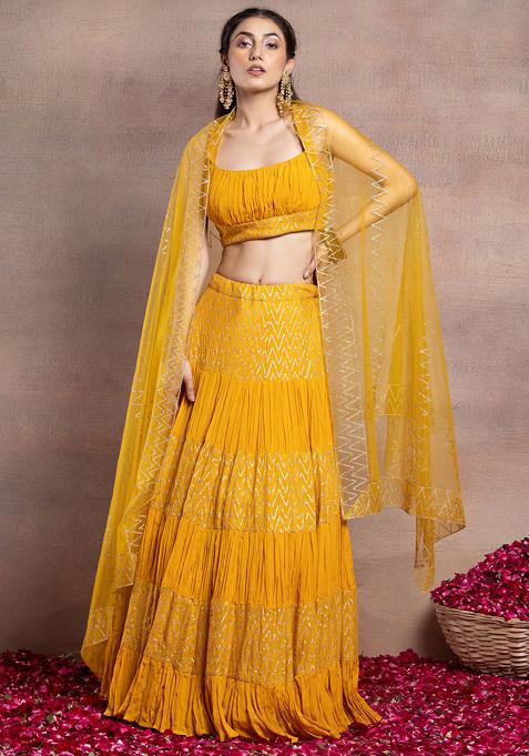 Mustard Chevron Sequin Embroidered Lehenga Set With Blouse And Dupatta