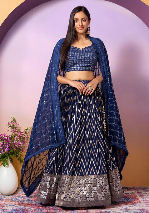 Navy Blue Chevron Brocade Lehenga Set With Embroidered Blouse And Dupatta