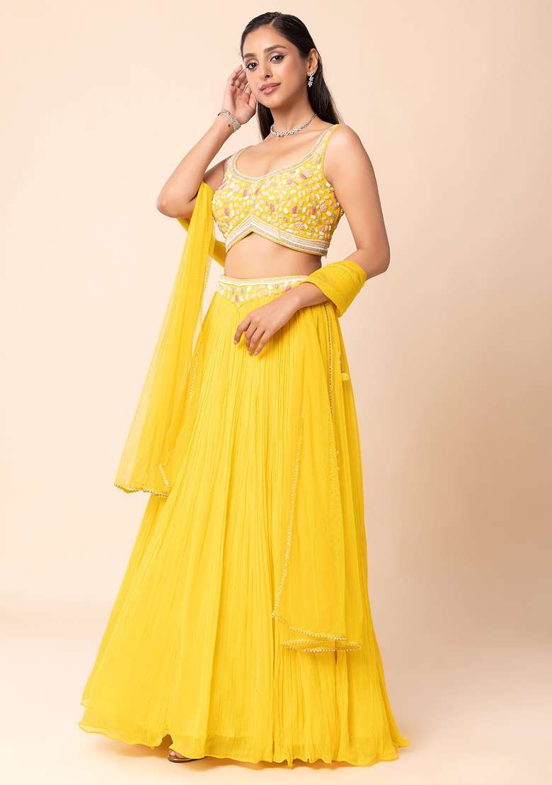 Yellow Lehenga Set With Thread Embellished Blouse And Dupatta - Indya