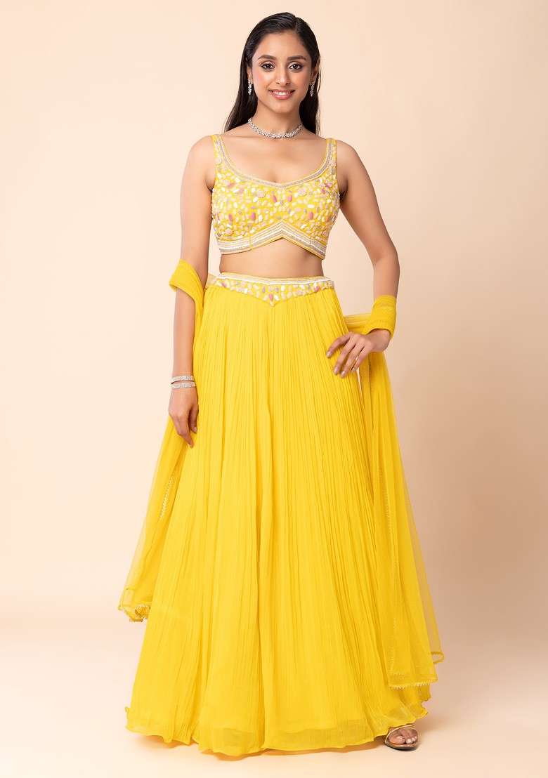 Yellow Lehenga Set With Thread Embellished Blouse And Dupatta - Indya
