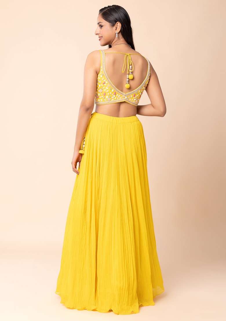 Yellow Lehenga Set With Thread Embellished Blouse And Dupatta - Indya