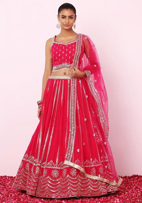 Hot Pink Zari Embroidered Lehenga Set With Embellished Blouse And Mesh Dupatta