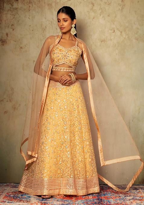 Peach Floral Embroidered Mesh Lehenga Set With Embroidered Blouse And Dupatta