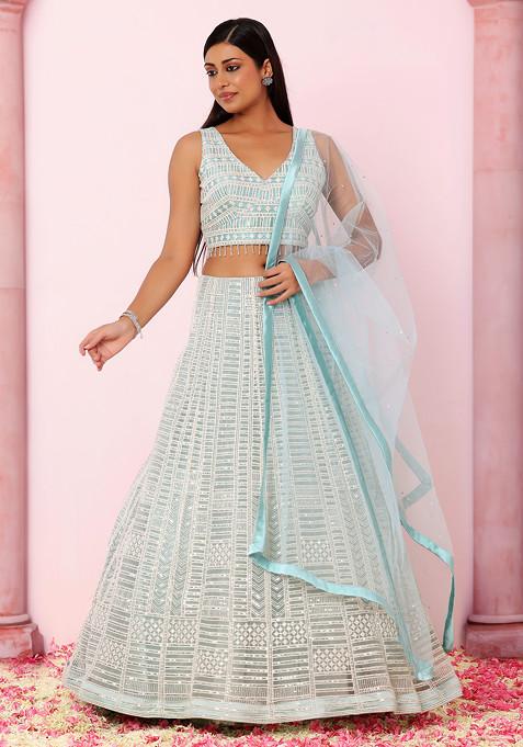 Seafoam Abstract Sequin Thread Embroidered Lehenga Set With Blouse And Dupatta