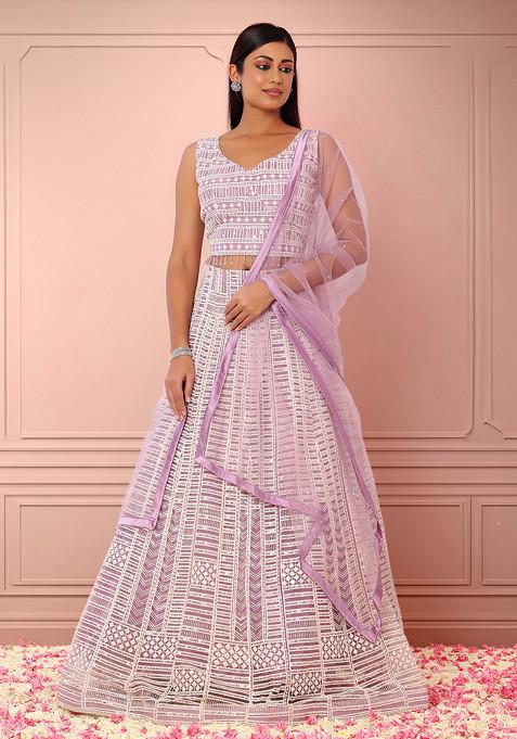 Lilac Abstract Sequin Thread Embroidered Lehenga Set With Blouse And Dupatta