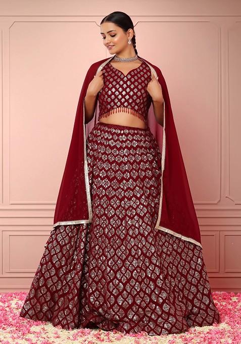 Deep Maroon Geometric Sequin Embroidered Lehenga Set With Blouse And Dupatta