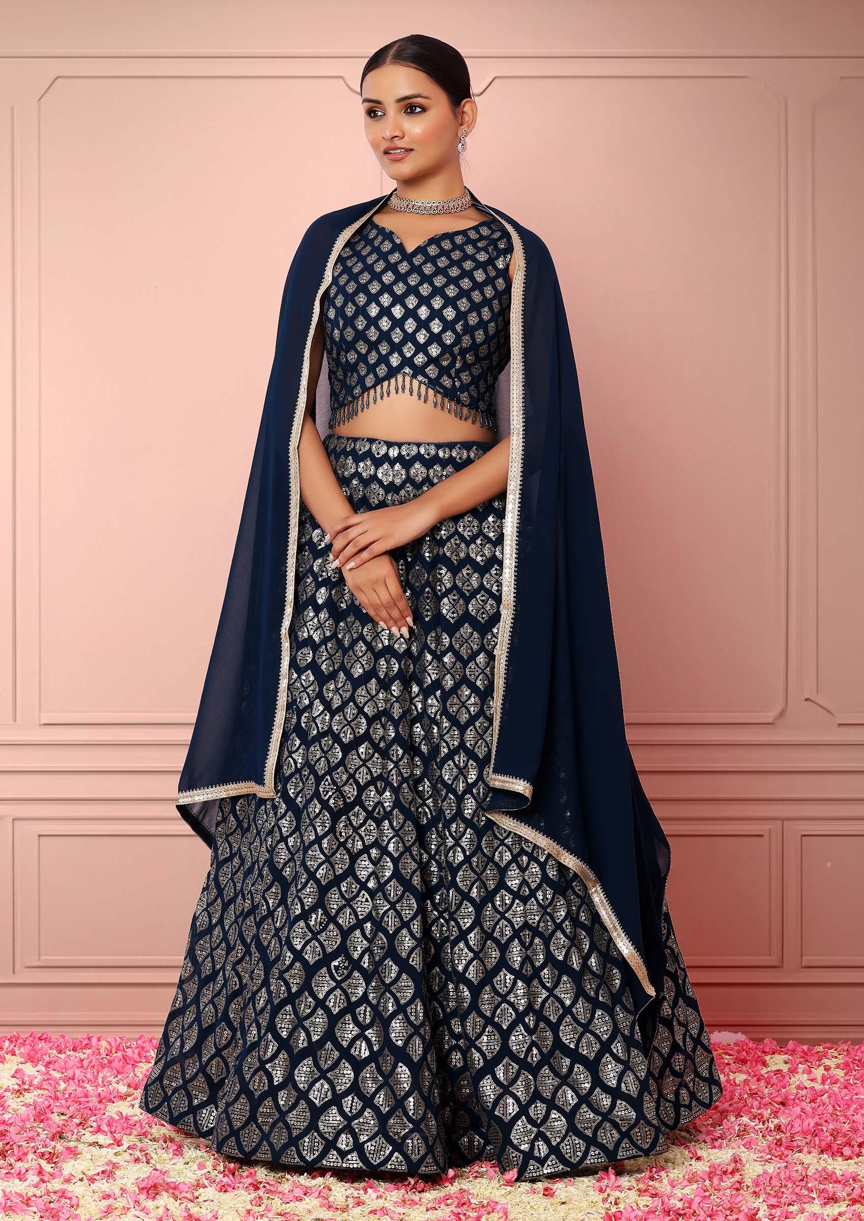 Rashika Sharma's Dark Blue Chiffon Printed Jahaan Lehenga set - Rent