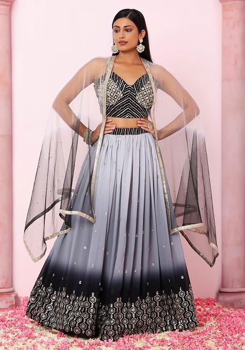 Grey Ombre Embroidered Lehenga Set With Sequin Hand Embroidered Blouse And Dupatta