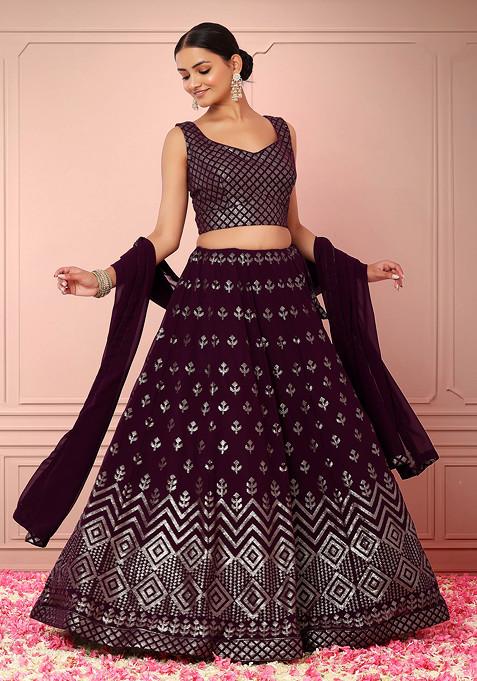 Purple Chevron Floral Sequin Embroidered Lehenga Set With Embroidered Blouse And Dupatta