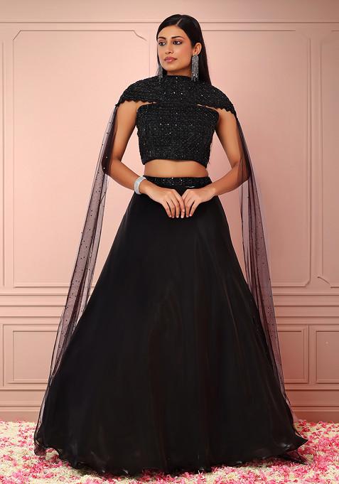 Black Shimmer Organza Lehenga Set With Hand Embroidered Blouse And Cape