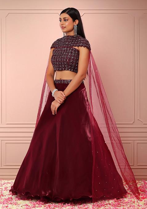 Maroon Shimmer Organza Lehenga Set With Hand Embroidered Blouse And Cape