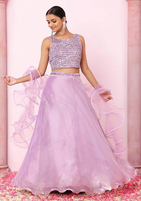 Lilac Shimmer Organza Lehenga Set With Embroidered Blouse And Ruffled Dupatta