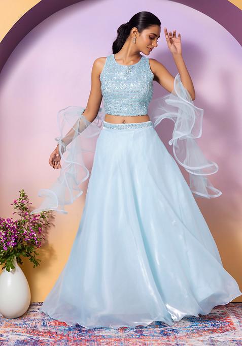 Light Blue Shimmer Organza Lehenga Set With Embroidered Blouse And Ruffled Dupatta