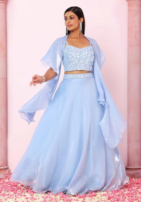 Blue Shimmer Organza Lehenga Set With Sequin Embroidered Blouse And Ruffled Dupatta
