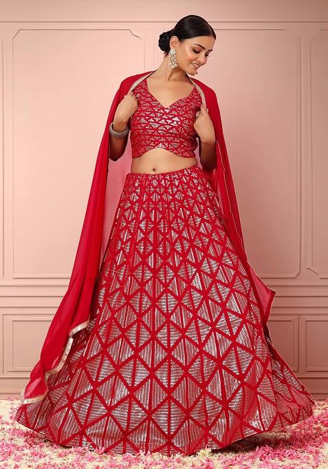 Berry Pink Matte Sequin Embroidered Lehenga Set With Embroidered Blouse And Dupatta