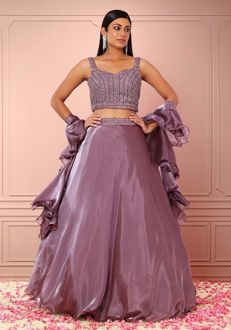 Mauve Organza Lehenga Set With Sequin Embroidered Blouse And Ruffled Dupatta