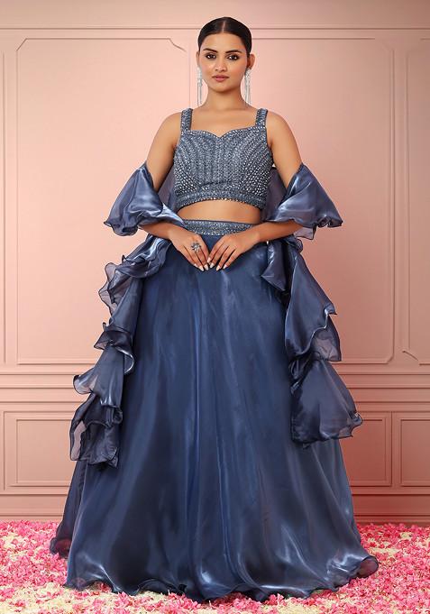 Steel Blue Organza Lehenga Set With Sequin Embroidered Blouse And Ruffled Dupatta