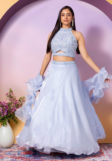 Blue Shimmer Organza Lehenga Set With Embroidered Halter Blouse And Ruffled Dupatta